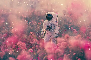 Fototapeta na wymiar poster art an astronaut walking through a field full of pink flowers, backgrounds or wallpaper