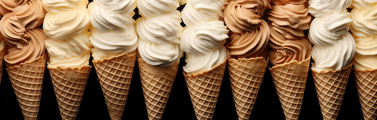 Row of delicious chocolate, cream, coffee, caramel, vanilla, hazelnut, truffle flavored ice cream...