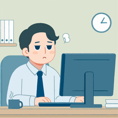 an employee works in front of a PC with a tired expression