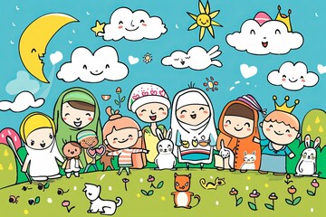 Cartoon cute doodles of characters performing acts of kindness and spreading smiles to brighten the day of others on Eid, Generative AI