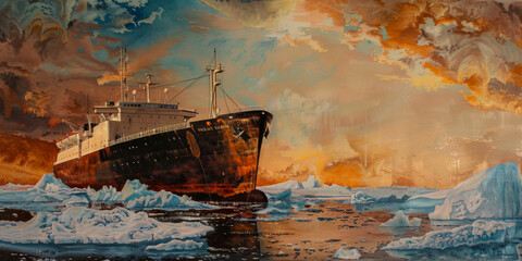 Naklejka premium oil painting of a large ship with ice floating around it, generative AI