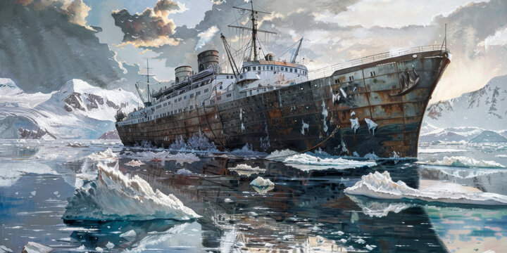 oil painting of a large ship with ice floating around it, generative AI