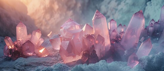 A group of pink crystals, likely rose quartz minerals, contrast against the white snow they are sitting on. The crystals appear to be glittering under the light, creating a striking visual contrast in - obrazy, fototapety, plakaty