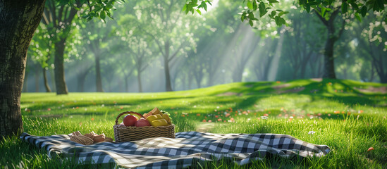 summer picnic set up on park background