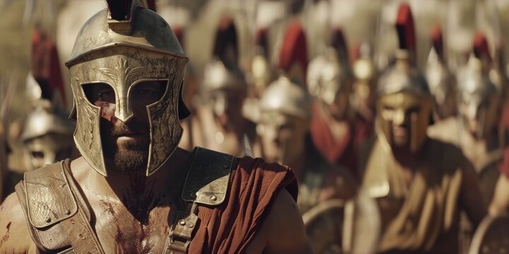 A seasoned hoplite with scars and battle s leads his fellow soldiers into battle.
