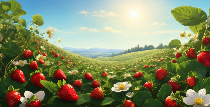 illustration of a view of a strawberry plantation on a hill, with bright sunlight shining on the surrounding fields