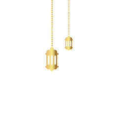 Simple gold golden color hanging Arabic traditional Ramadan Kareem lantern. Eid Fitr or Adha Mubarak lamp Greeting Banner card Outline line icon Vector Illustration