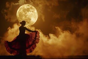 In the fiery passion of a flamenco dancer's movements, the moon watches silently from above, casting a haunting glow on the scene - obrazy, fototapety, plakaty
