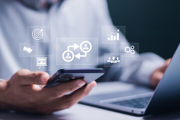 B2B marketing concept. business to business, e-commerce, Professional business and commerce collaboration. business action plan strategy. Businessman showing B2B icon on virtual screen.