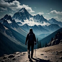 mountaineer travels through the Swiss Alps on a journey of personal improvement - obrazy, fototapety, plakaty