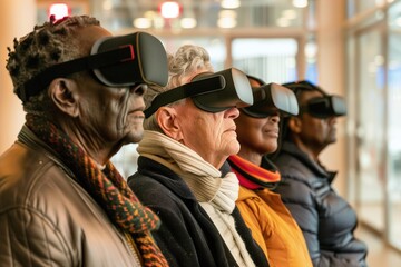 A Group of Seniors Elderly Men and Women from Diverse Ethnicities Wearing VR Headset. Enjoying Virtual Reality Experience. Indoor Background. Horizontal Photo (3:2) 