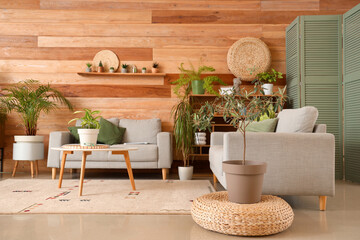Interior of living room with green plants, sofas and table