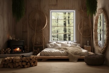 Minimalist Scandinavian bedroom furniture cozy. House green. Generate AI