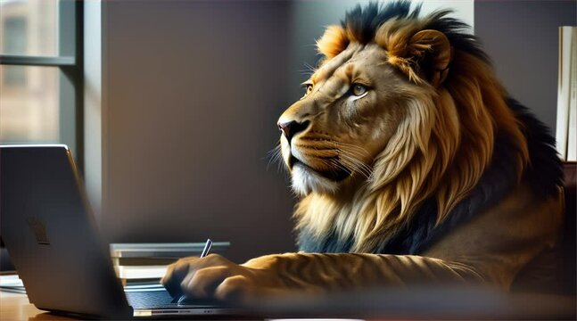 A regal lion in a custom-made suit, looking worried while reviewing a presentation on his macbook in an office.