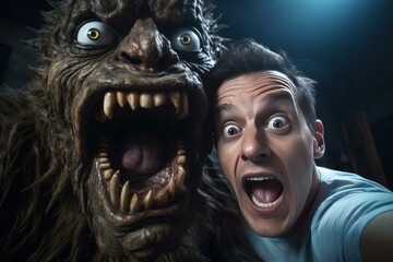 Terrified Scared man make selfie with monster. Online self blog. Fictional person. Generate Ai
