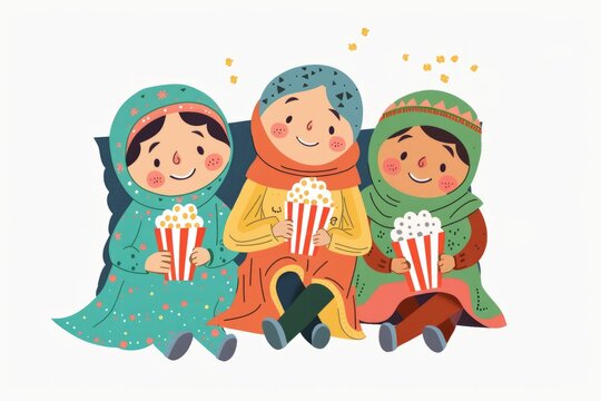 Cartoon cute doodles of characters enjoying a family Eid movie night, cuddled up with blankets and popcorn for a cozy celebration, Generative AI