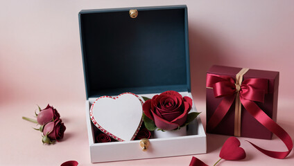 Valentine's day with gift box, roses, on pink background