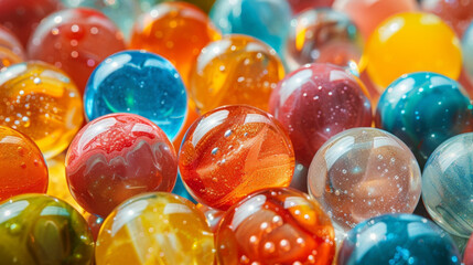 Closeup of kaleidoscopic patterns formed by the interplay of multiple gl marbles in motion.