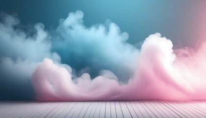  A beautiful light blue background with white smoke trailing across the floor with pink lighting. Abstract background for presentation
 - obrazy, fototapety, plakaty