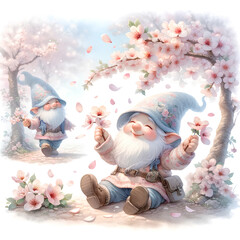 Watercolor Cheerful Gnome Welcoming Spring, Surrounded by Cherry Blossoms and Fresh Greenery.