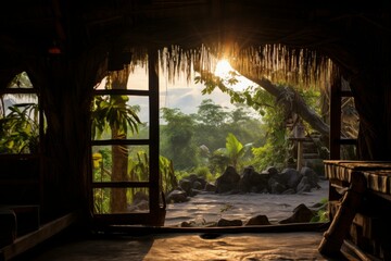 Fototapeta premium Rustic Scenery view from inside hut. Nature landscape view from vacation lodge. Generate ai