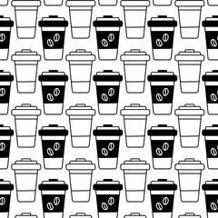 Fototapeta premium Disposable coffee cups seamless pattern. Abstract outline drawn background texture for coffee day