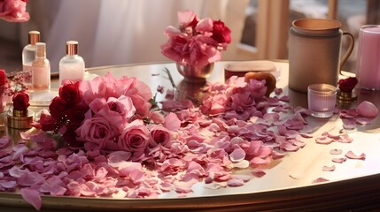 A lush bouquet of fragrant rose petals delicately arranged on a vanity table.