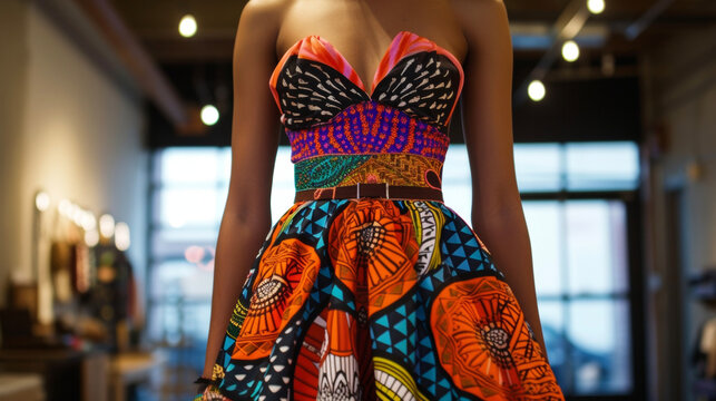Make a bold statement with this dress featuring a 3D printed bodice and a traditional African print fabric skirt.