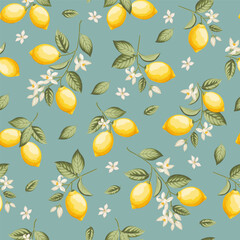 Seamless citrus pattern with lemons. Vector illustration. - 746217346