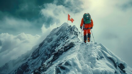 A man stands at the peak of a snow-covered mountain, showcasing the vast snowy landscape.