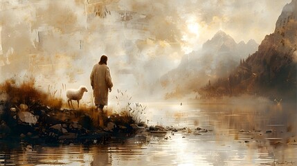 Concept Art of Jesus and Lamb by the Lake - obrazy, fototapety, plakaty
