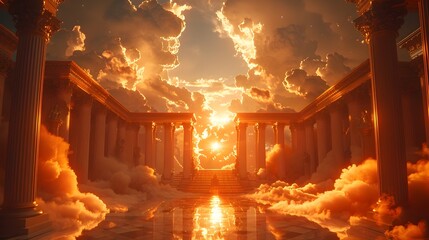 Neoclassical Pillars in Cloudy Sky with Glowing Light - obrazy, fototapety, plakaty