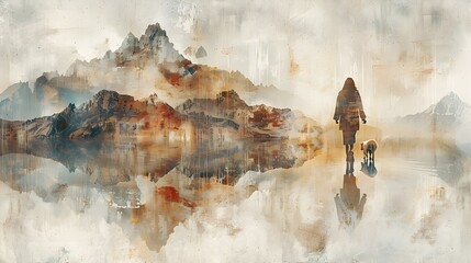 Fototapeta premium Oil Painting of a Person and Dog in Mountain Landscape