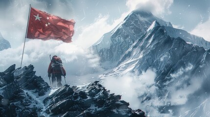 A man stands triumphantly on the summit of a mountain, holding a flag.