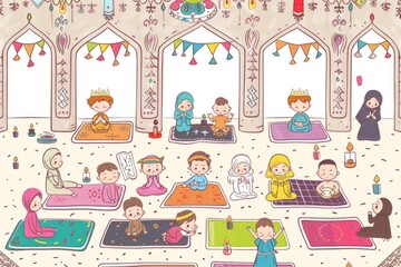 Cartoon cute doodles of characters attending Eid parties and gatherings, with lively music, dancing, and laughter filling the air, Generative AI