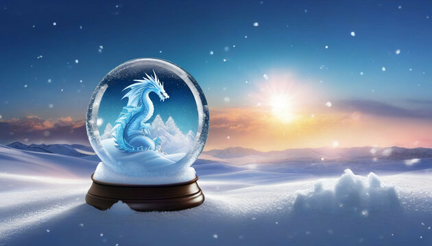 A beautiful snow globe with an ice dragon on the snow