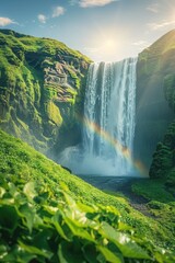 A powerful waterfall cascades down with a vibrant rainbow stretching across its middle.