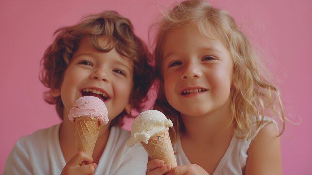 Two little girls eats ice cream on a hot summer day against pink background. Ice cream in a waffle cone.