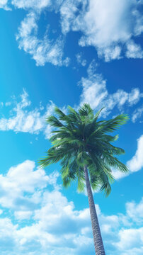 Tropical palm trees on the beach with blue skys and clouds vertical phone wallpaper background banner 