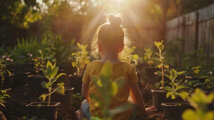 Little girl planting seedlings in garden - obrazy, fototapety, plakaty