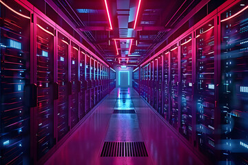 Modern Data Technology Center Server Racks in Dark Room with VFX. Visualization Concept of Internet of Things, Data Flow, Digitalization of Internet Traffic. Complex Electric Equipment Warehouse.