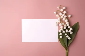 Draagtas Bouquet of lilly of the valley in the left corner with empty space flat lay with pink background  © rubel