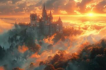 A castle stands atop a hill enveloped by rolling clouds, creating a mystical and elevated scene.
