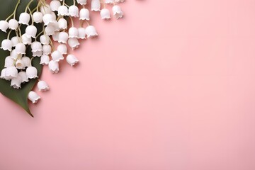 Bouquet of lilly of the valley in the left corner with empty space flat lay with pink background
 - obrazy, fototapety, plakaty