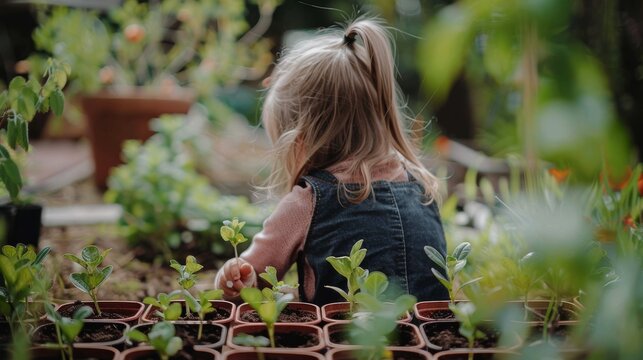 Little girl planting seedlings in garden
