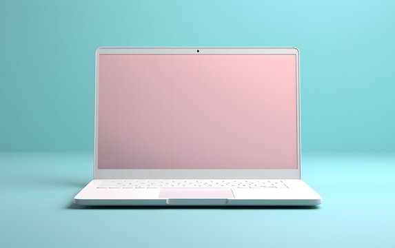 3D rendering illustration. Laptop computer with blank and white screen and color keyboard place table in the darkroom and blue lighting. Image for presentation.
