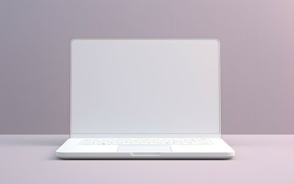 3D rendering illustration. Laptop computer with blank and white screen and color keyboard place table in the darkroom and blue lighting. Image for presentation.
