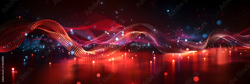 Wall mural abstract red cyberspace design with wave of dots and woven lines on dark background