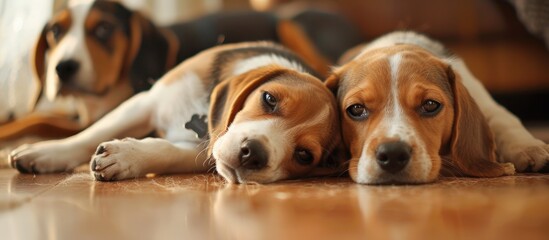 A small beagle puppy is laying beside its older sibling dog on top of a wooden floor. The two dogs appear relaxed and comfortable in their resting position.