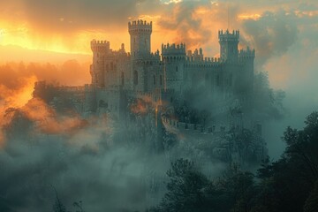 A castle stands surrounded by dense fog in the heart of a forest. - obrazy, fototapety, plakaty